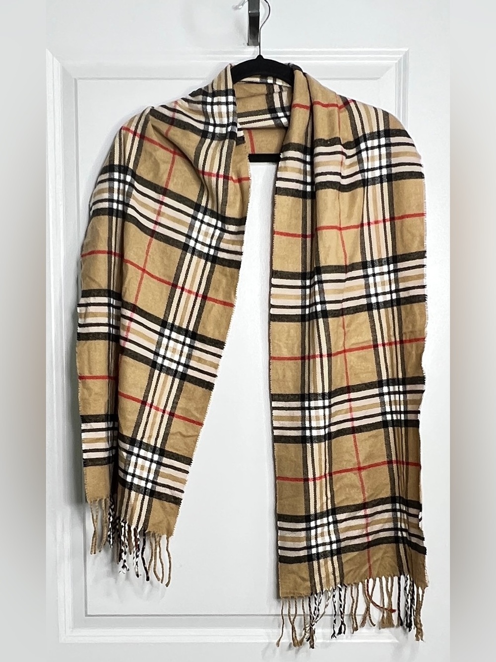 Italy Design 20% Cashmere Plaid Fringe Scarf Camel Black Red